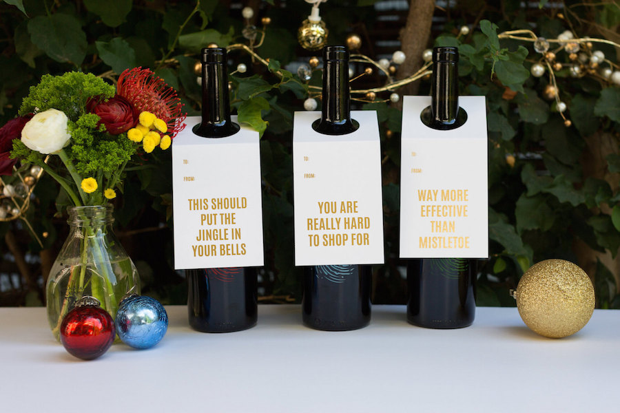 Funny hostess holiday gifts: Gold Foil Wine Tags by Chez Gagne