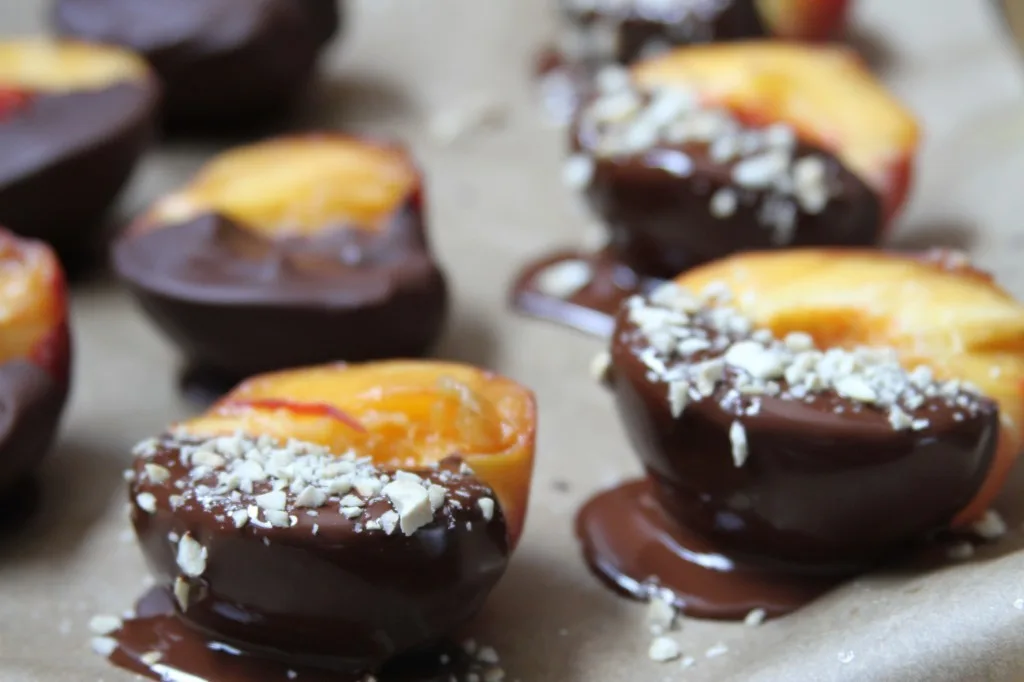 Dark Chocolate Dipped Peaches with Coconut