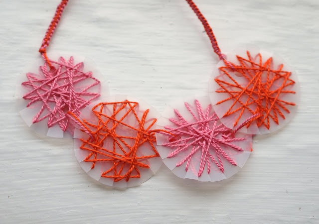 A recycled milk jug becomes a pretty Mother's Day necklace with this idea from Pink Stripey Socks