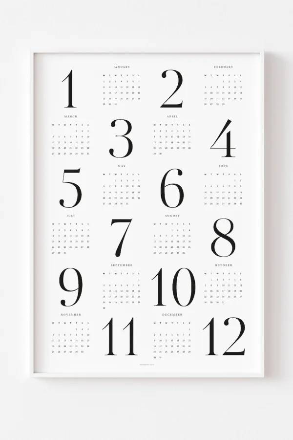 Modern 2024 printable calendars: Modern Minimalist Yearly Calendar from Anvaya Art