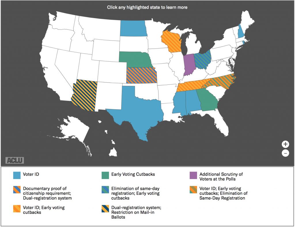 On the 55th anniversary of Dr. King's I Have a Dream speech, the ACLU chart of voter suppression laws by state