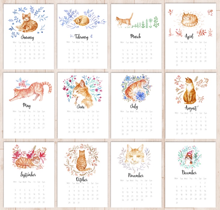 2018 calendars: Free Printable Cat Calendar by Evy Draws