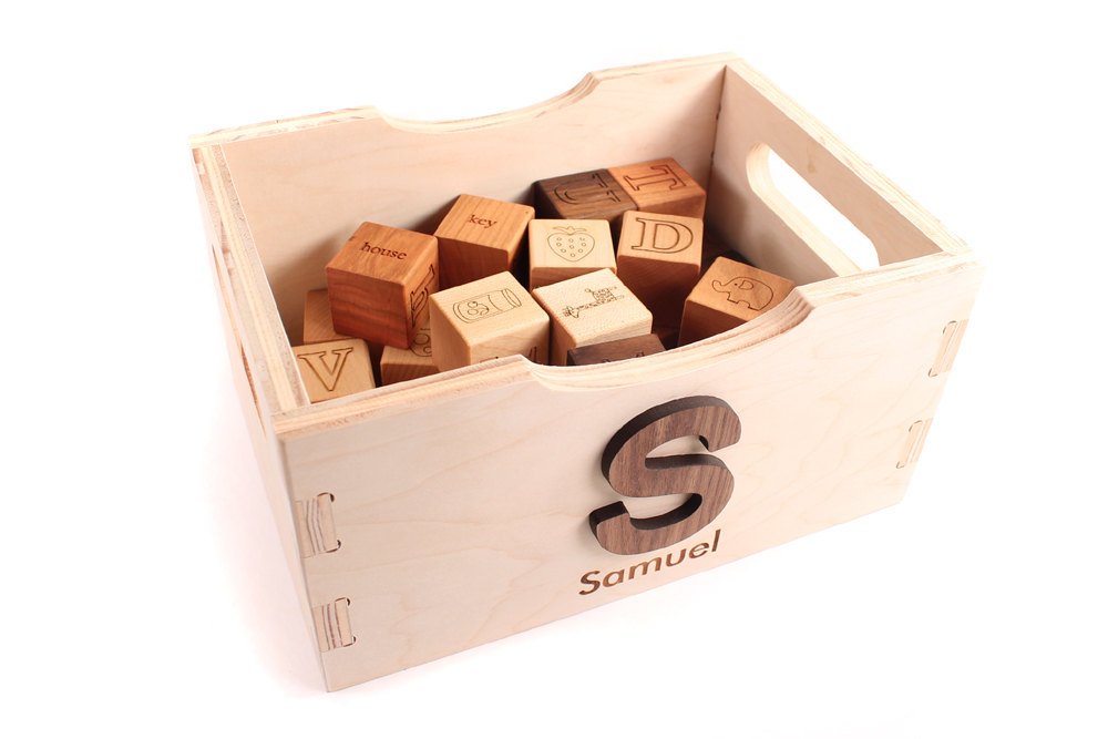 Handmade toys for kids: Personalized wooden toy crate from Smiling Tree Toys