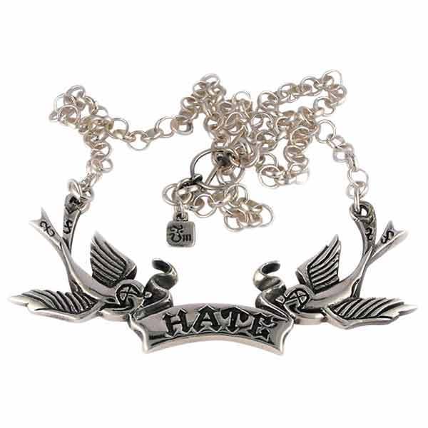Hilarious Valentine for a cynical friend (or lover): Hate tattoo bird necklace in sterling