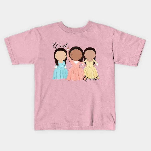 The Schuyler Sisters work t-shirt for kids, featuring an adorable illustration of the trio from Hamilton