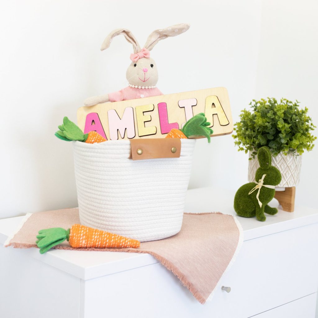Personalized wooden name puzzle: Easter gifts for kids supporting Etsy shops
