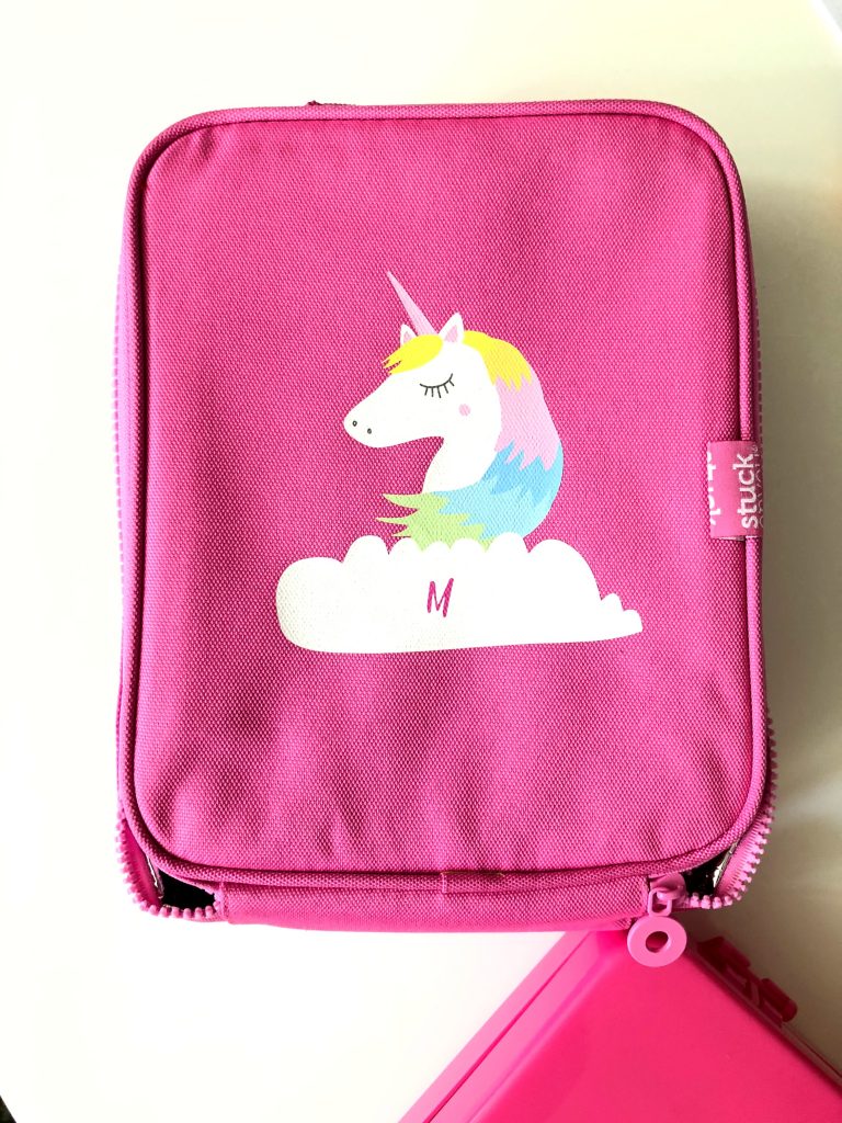 Cool personalized school supplies: Unicorn lunch bag and bento set from Stuck on You (sponsor)
