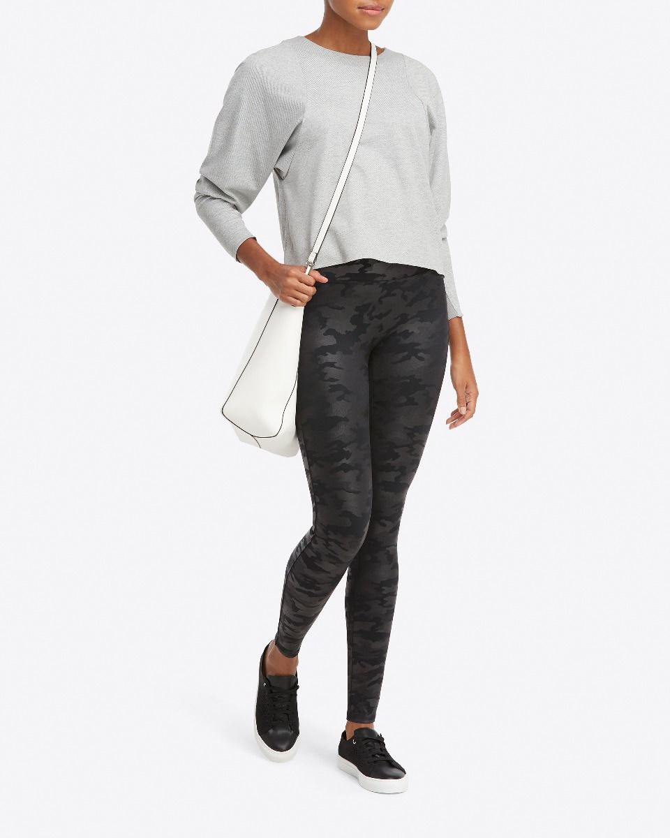 Spanx black camo faux leather leggings: Stylish + comfy which is just what we love