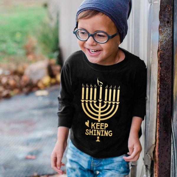 Positive kids' holiday tees: Keep shining kids' Hannukah tee is sweet, not sassy