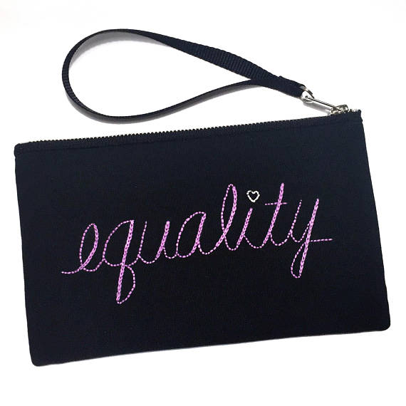 Cool feminist gifts supporting women-owned shops: Equality embroidered pouch