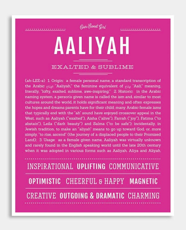 Custom name meaning posters from Name Stories: Aaliyah meaning