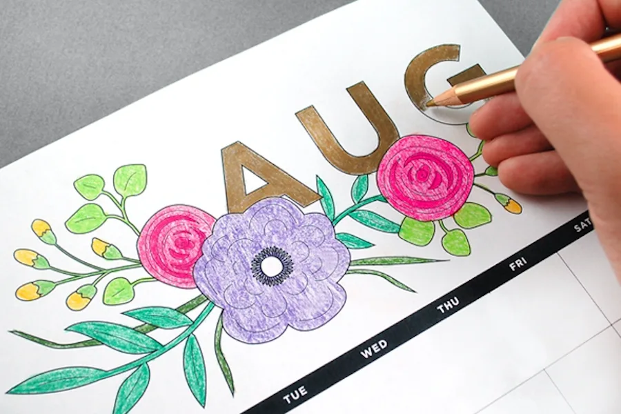 Free printable 2020 calendars: Adult coloring book-style calendar from Botanical Paperworks