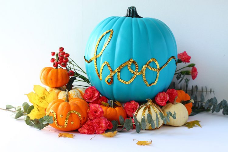 Teal pumpkin decorating ideas: Sequin Message Pumpkin DIY from Squirrelly Minds