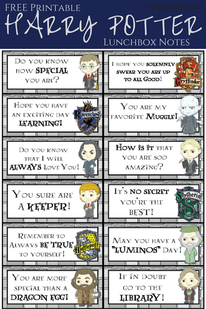 Back to school printable: Free Harry Potter Lunch Note Printables | The Quiet Grove