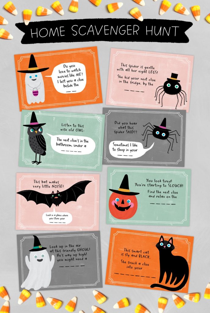 Trick or treat alternatives: At home Halloween scavenger hunt cards printable via Caravan Shoppe