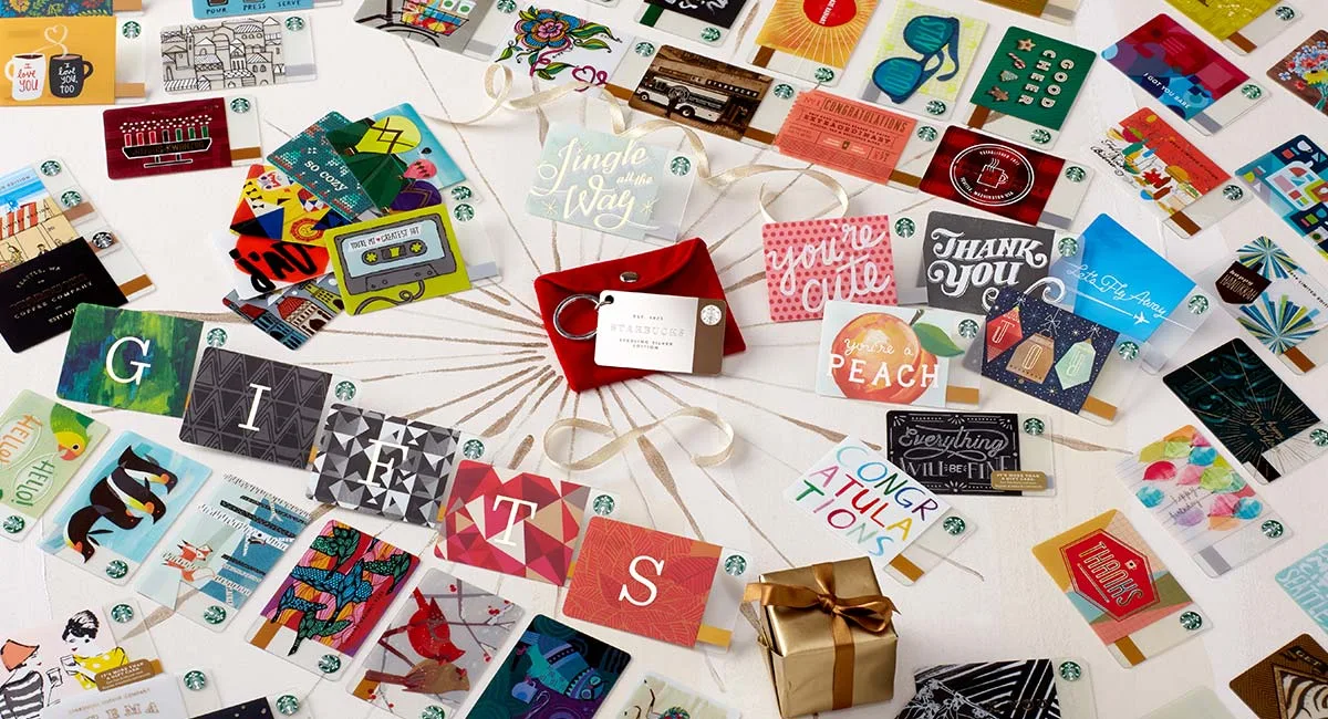 Starbucks gift card designs including the new sterling silver card