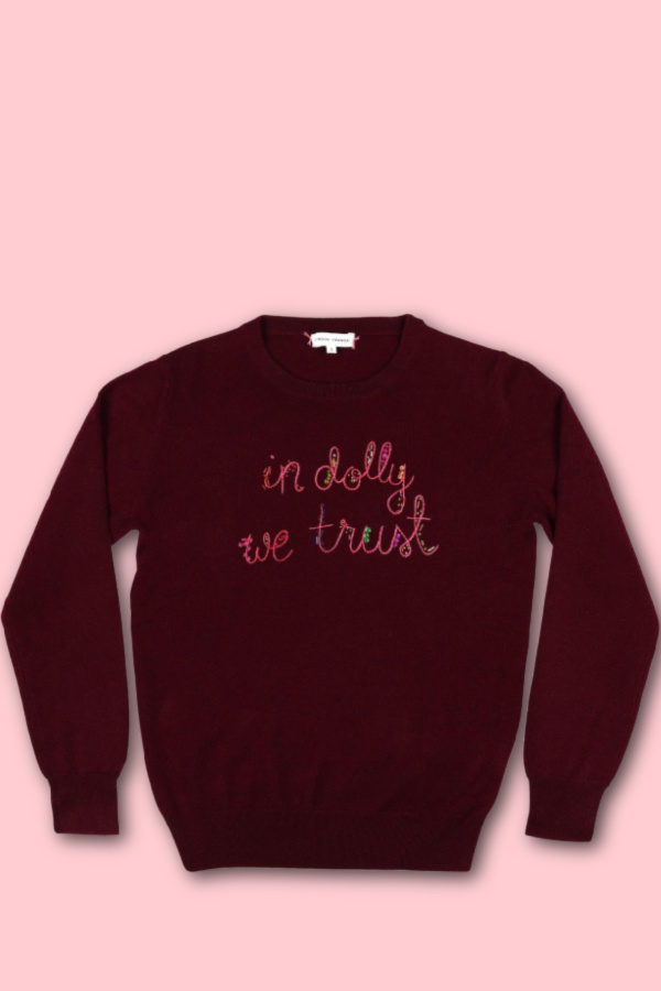 Dolly Parton gifts for Christmas: "In Dolly we trust" cashmere sweater hand-embroidered by Lingua Franca