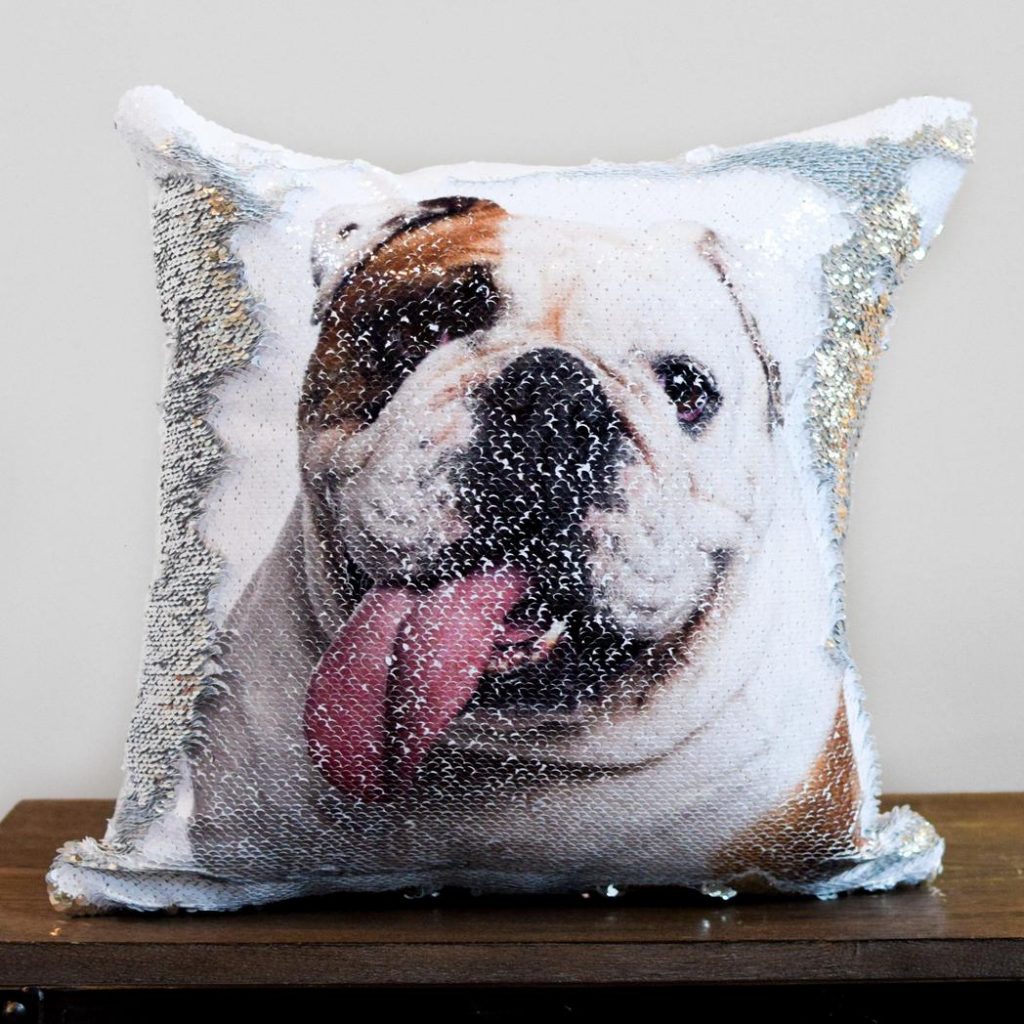 Personalized flip sequin "prank pillow" of people or pets from the Mermaid Pillow Co