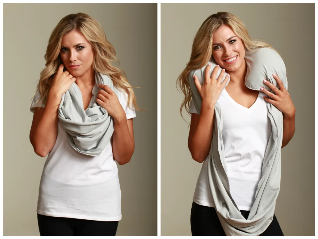Sleeper Scarf converts to a hidden inflatable neck pillow for travel