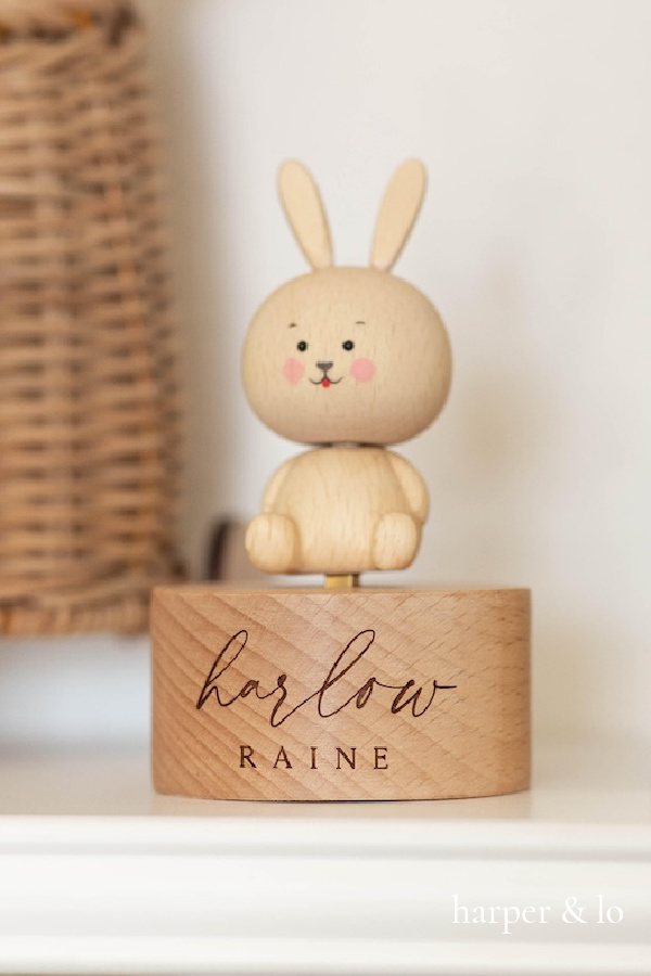 Personalized baby gifts: Wooden music boxes for baby from Harper & Lo