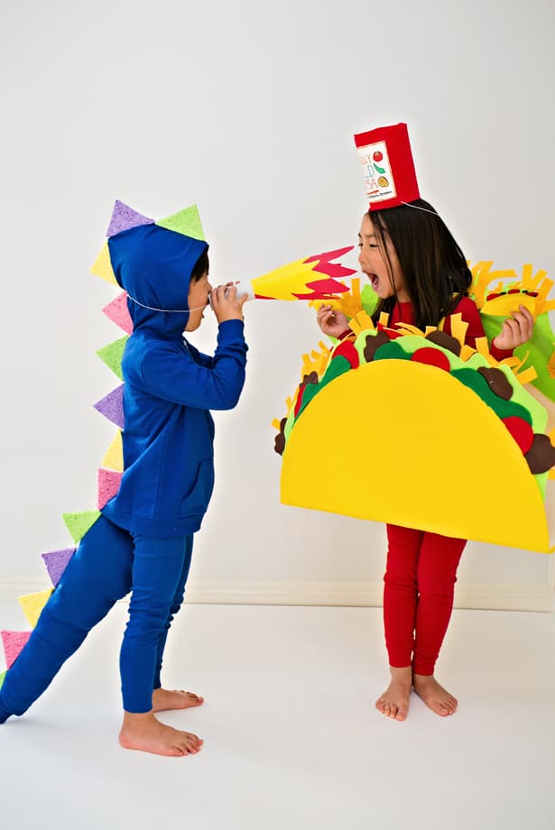 Kids' Halloween costumes made with pajamas | Dragon Loves Tacos siblings costume at Hello, Wonderful