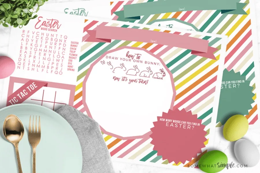 Free Easter printables: Easter activity placemat printable by Somewhat Simple
