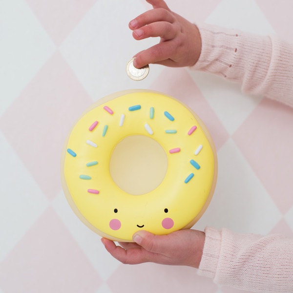 Donut coin bank from Little Lams: PIggy bank alternatives for kids