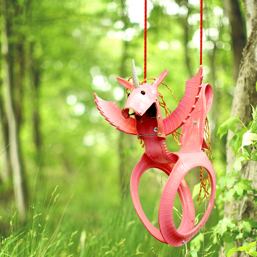 Cool backyard swings for kids: Recycled tire unicorn swing