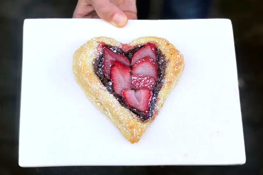 last-minute-valentines-day-gifts: Nutella Strawberry Heart Puff Pastry by Stacie Billis