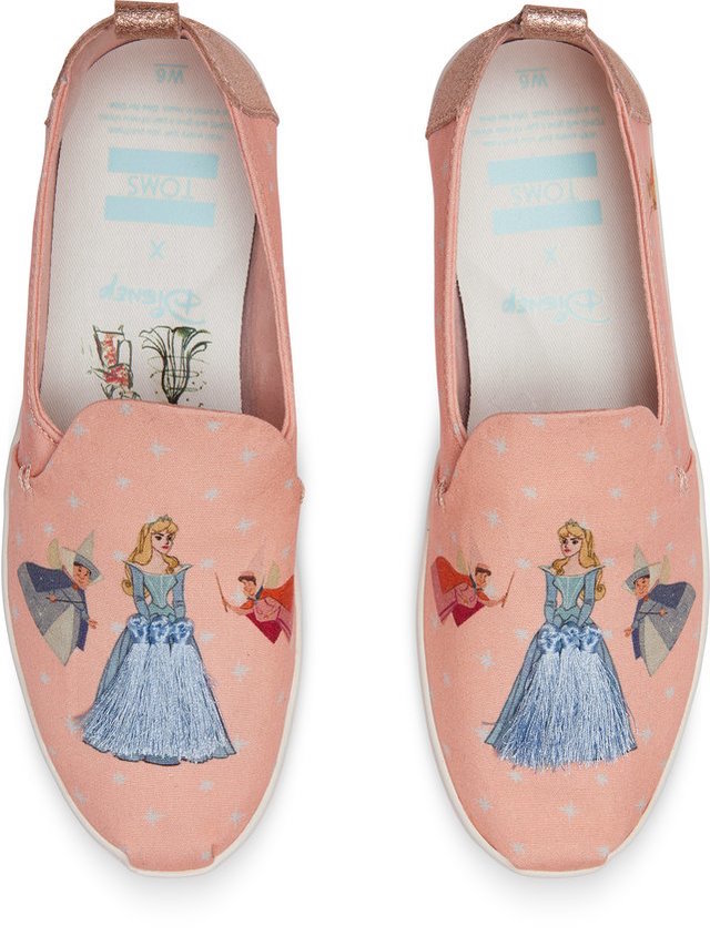 The new TOMS x Disney collection features character sketches of Cinderella, Sleeping Beauty, and Snow White.