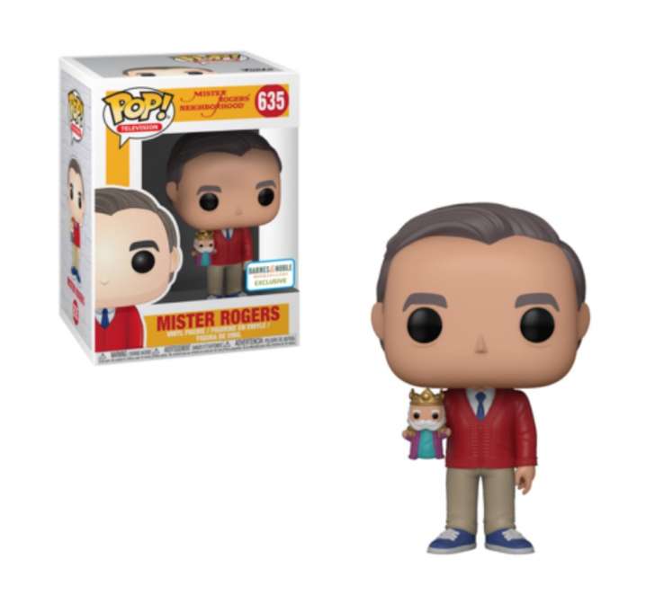This Funko pop Mister Rogers vinyl figure has him in a red cardigan holding King Friday.