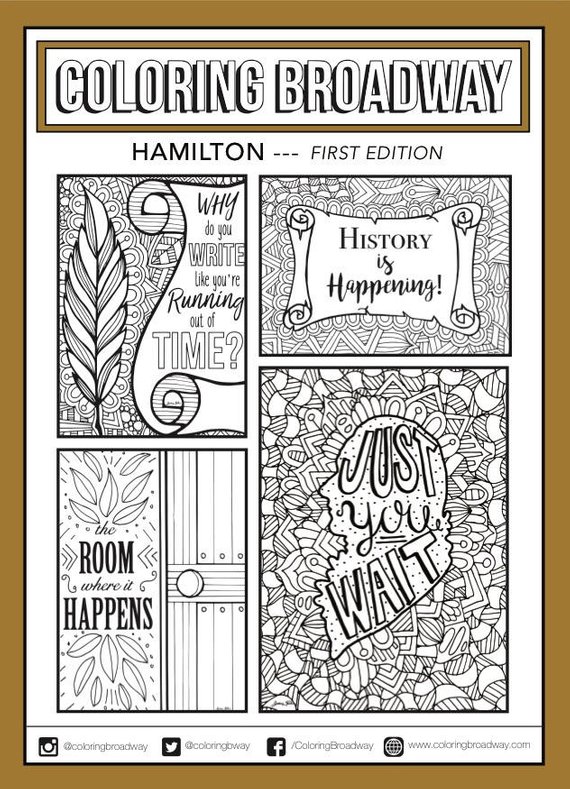 Cool gifts for tween girls: Hamilton coloring pages or postcards from Coloring Broadway