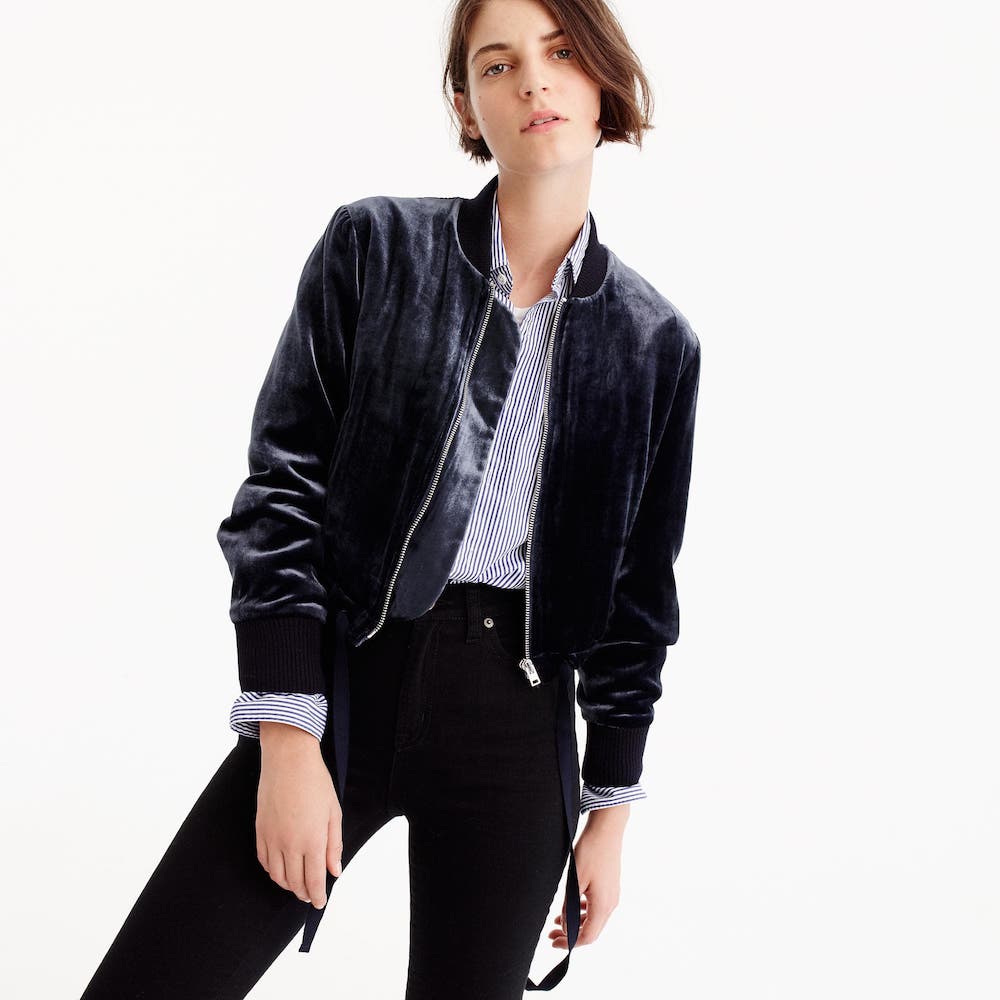 How to wear 90s style today: A velvet statement piece, like this bomber jacket at J. Crew.