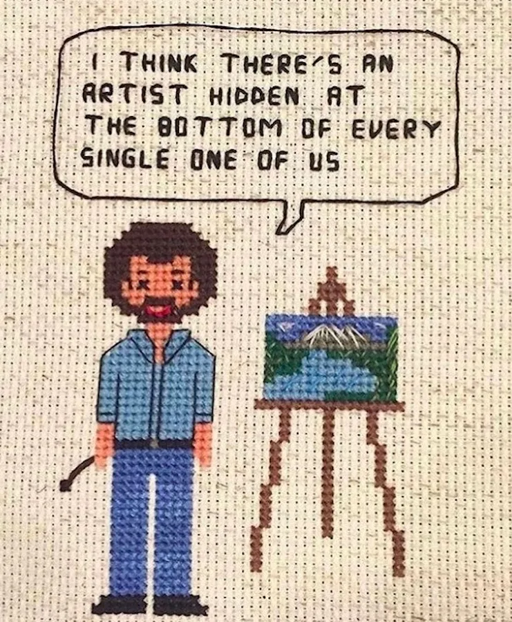 This Bob Ross cross stitch is just one of several free patterns from Badass Cross Stitch for teens to use for gifts