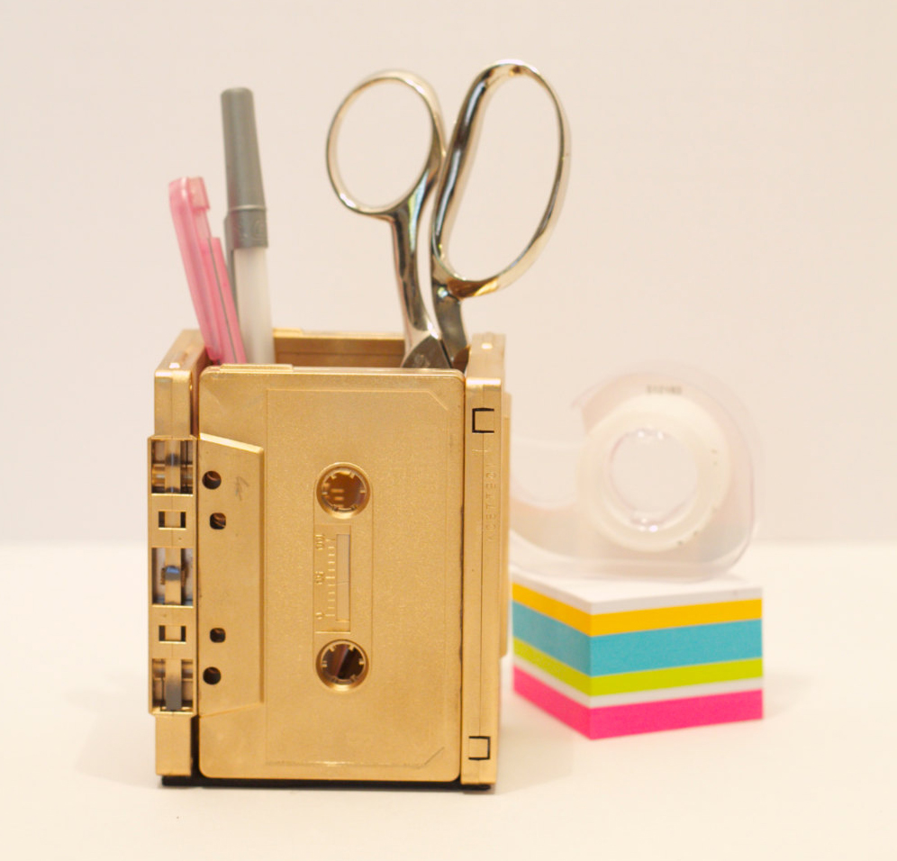 Gold Retro Cassette Pencil Holder | Cool metallic school supplies | back to school shopping 2017