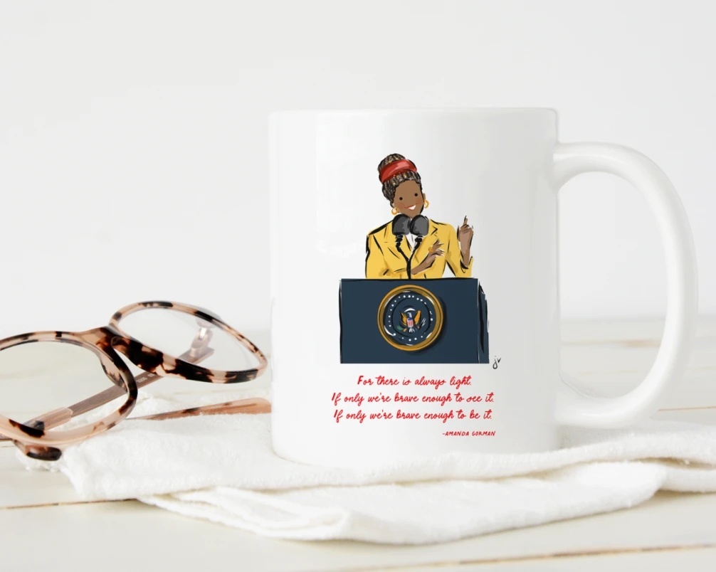 Love this Amanda Gorman inauguration mug from Jennifer Vallez of Sophie & Lilli.