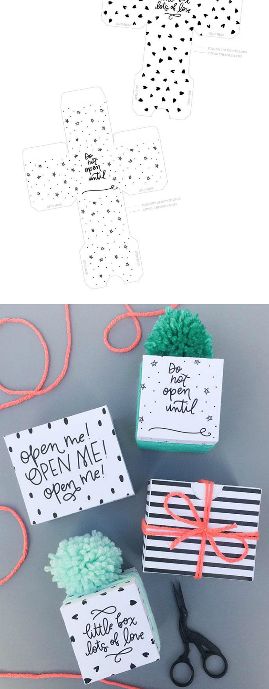 Free printable DIY foldable gift boxes from Caravan Shoppe in three styles - you can even color them in!