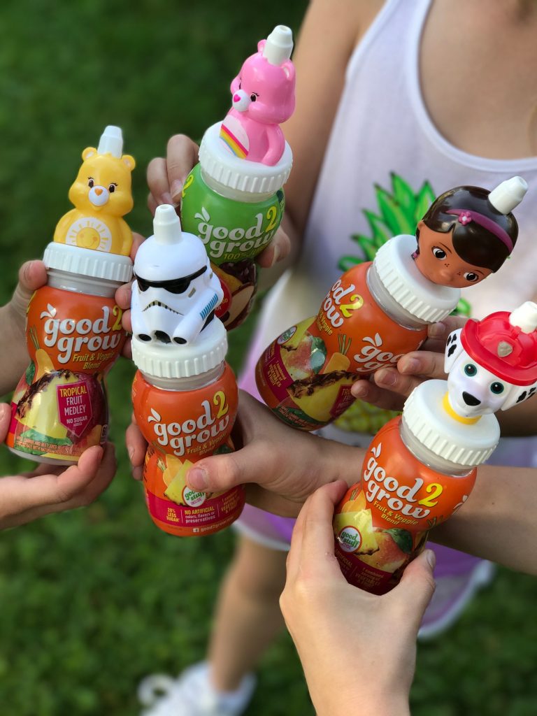 Good2Grow juice bottles have different fun caps and the bottles are dishwasher safe and can be reused: great for road trips! (sponsor) | © Kristen Chase for CoolMomPicks.com