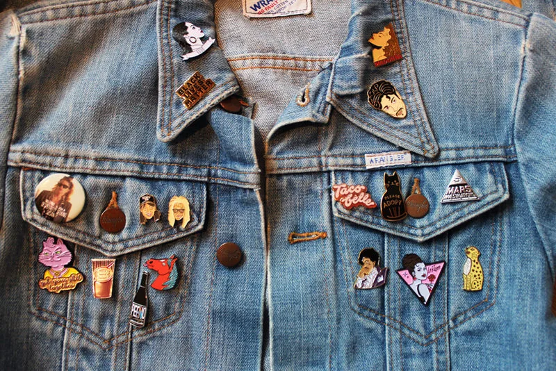 DIY customized denim jackets: Pins on Denim Jacket by Skinny Dip