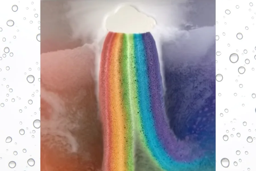 Rainbow bomb bath fizzy shoots a surprise rainbow out of the cloud. Whoa!