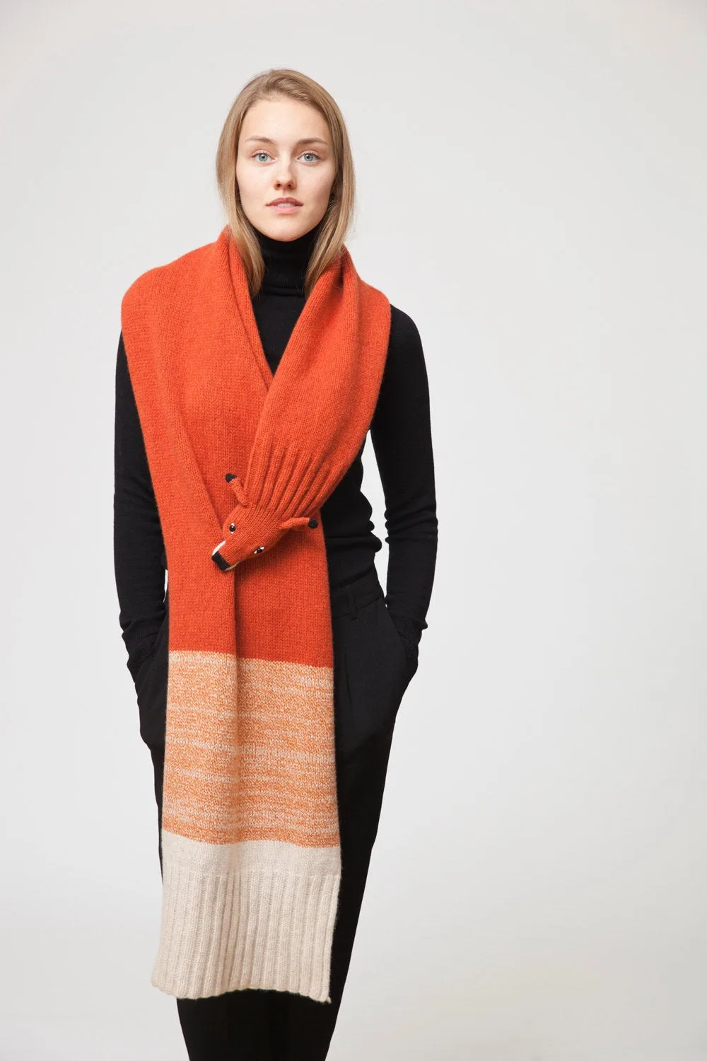 Hand knit animal scarves for adults, kids and babies from Etsy artist Nina: Ladies' fox scarf