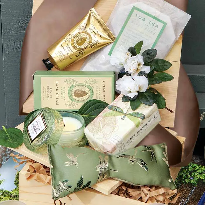 Lavender Dragonfly Spa themed gift box from Olive & Cocoa for a woman who needs a little pampering