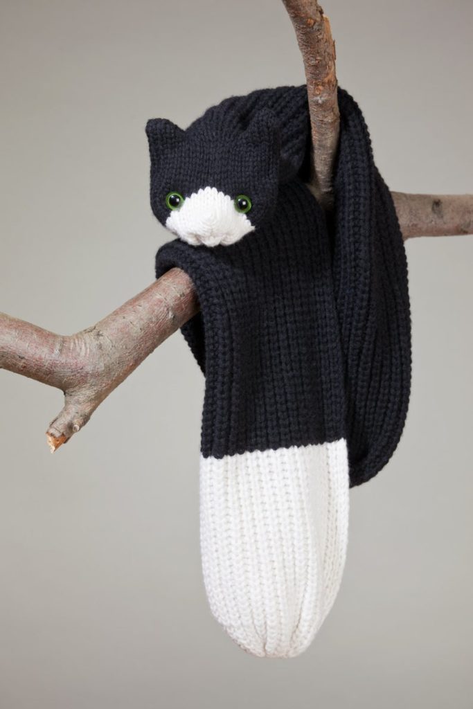 Hand knit animal scarves for adults, kids and babies from Etsy artist Nina: Chunky black cat