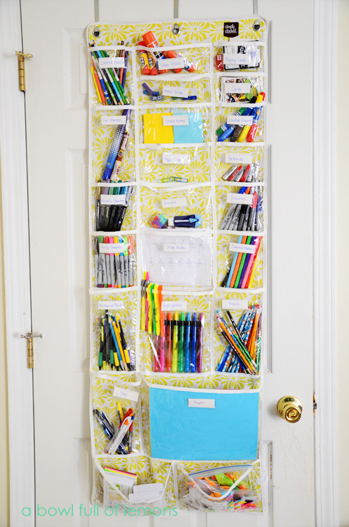 School supply organization hacks: Use an over-the-door shoe holder for supplies | A Bowl Full of Lemons