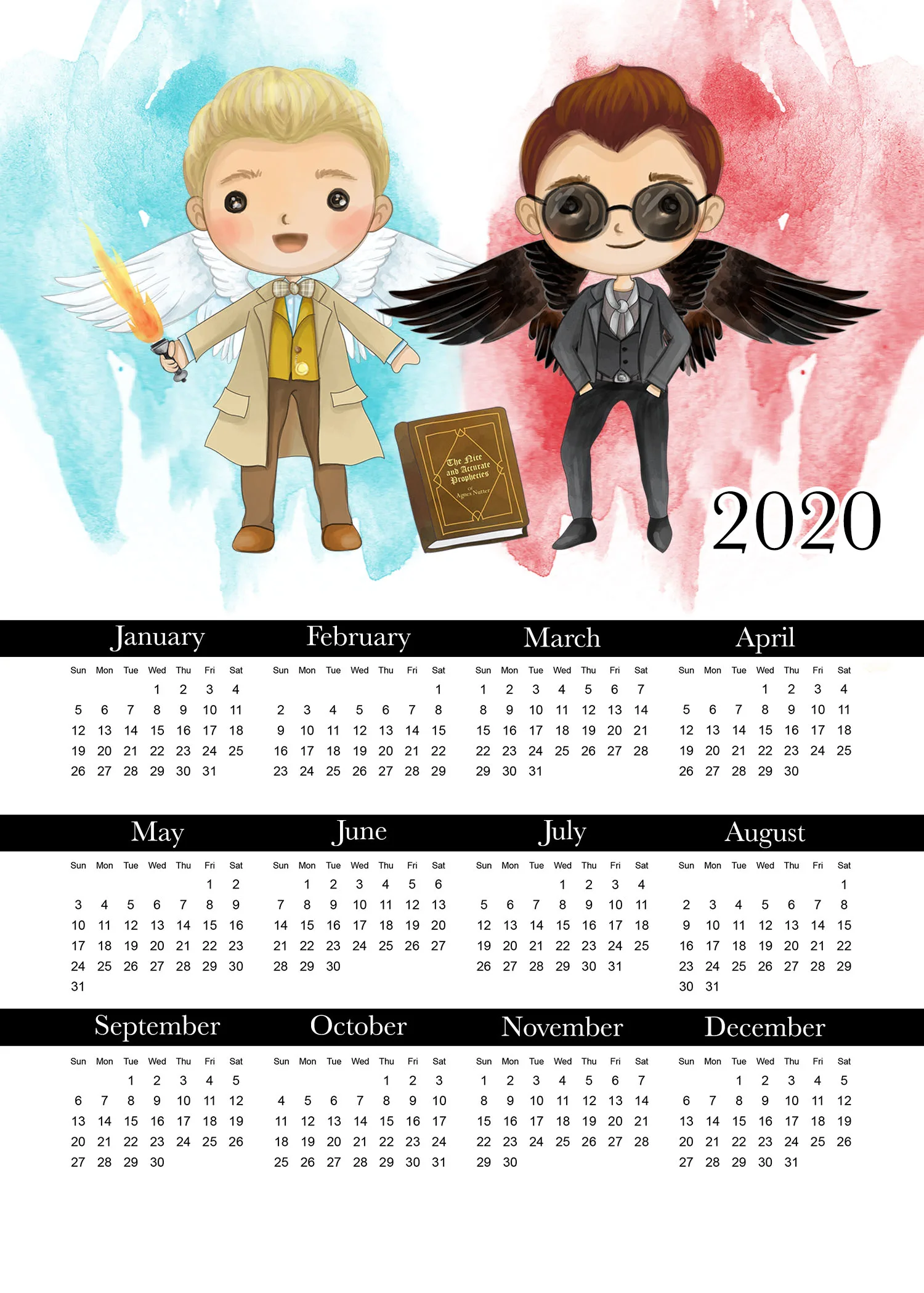 Free printable 2020 calendar for Good Omens fans: The cottage market