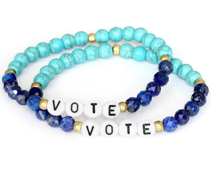 Jewelry supporting voters rights orgs: Blue beaded VOTE bracelets from Bird & Stone donate 10% to fabulous, impactful voting orgs