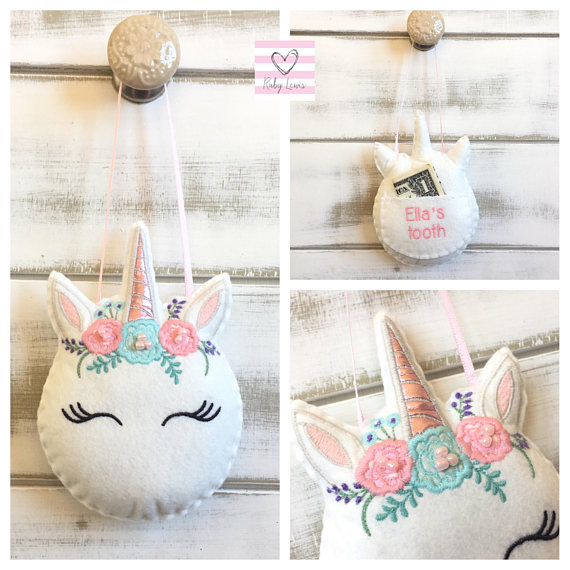 Adorable Tooth Fairy Traditions | Personalized Unicorn Tooth Pillow by RubyLewisDesigns | Cool Mom Picks
