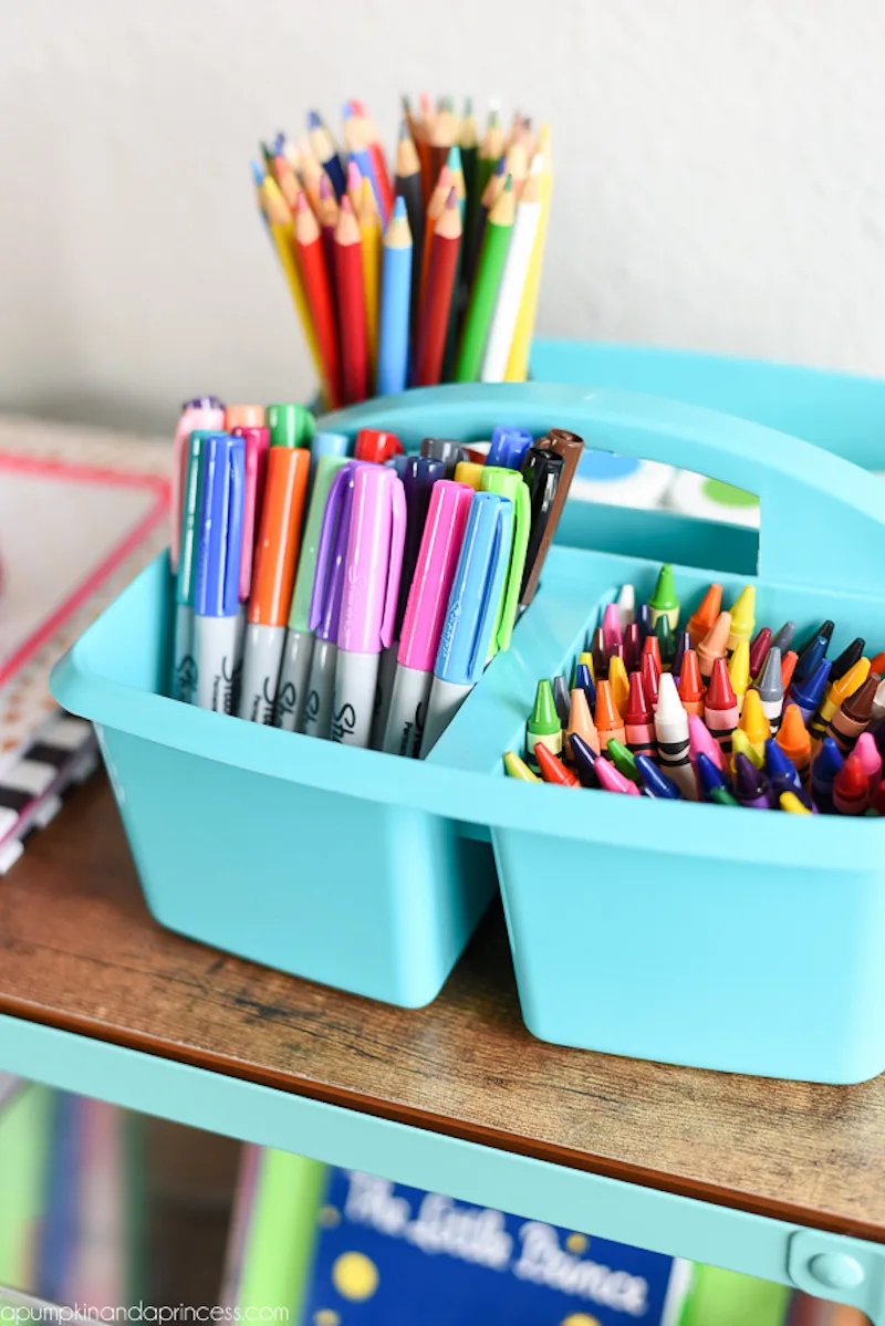 School supply organization hacks: Designate a library bin at home via Blue i Style