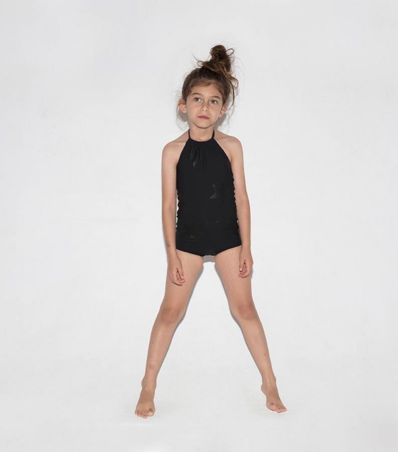 Black nununu swimsuit for girls: Black on black star patterned halter