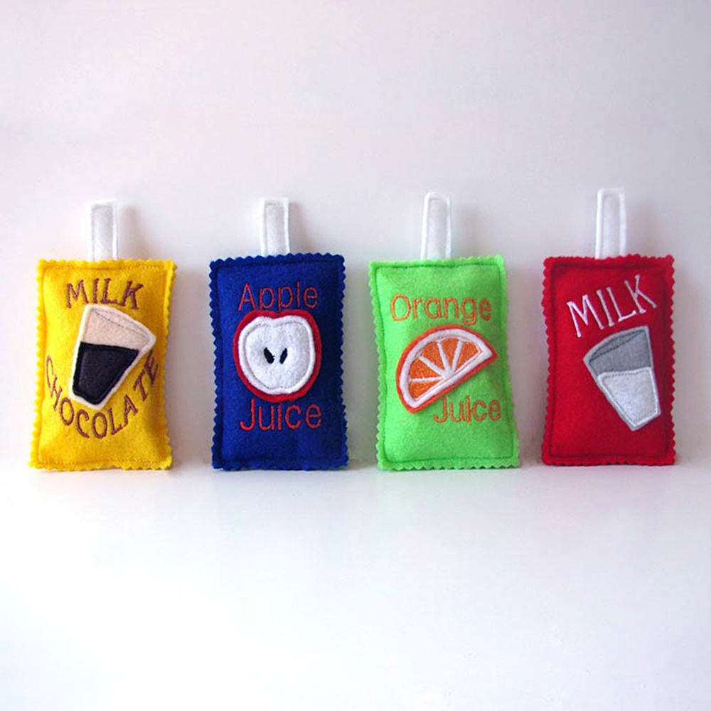 The cutest kids handmade play food makers on Etsy: A set of play felt juice boxes from Ann's Craft House